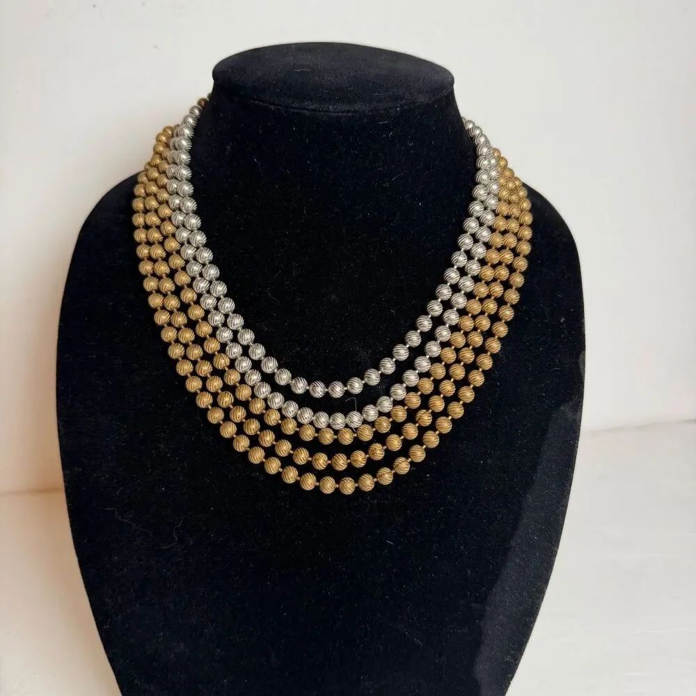 Vintage Gold & Silver Tone Etched Herringbone Metal Bead Opera Necklaces 34" 49"